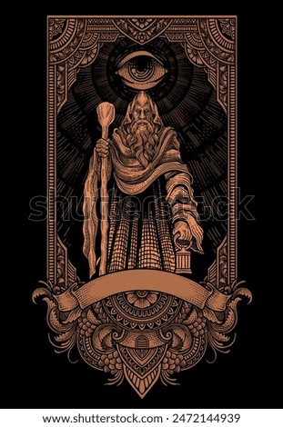 Illustration elder wizard with engraving ornament frame - Vector illustration