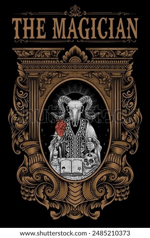 Illustration demon goat skull with engraving ornament frame hand drawn style - Vector Eps 10