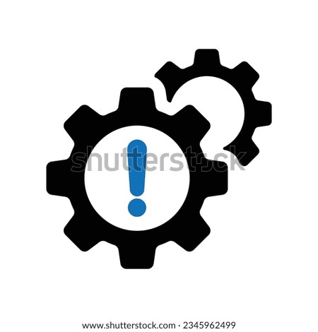 Settings icon with exclamation mark. Settings icon and alert, error, alarm, danger symbol. Engine, icon, danger, machine, alarm, alert, attention, black, business, caution, clock