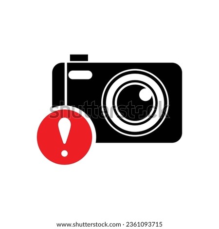 Photo camera icon, technology icon with exclamation mark. Photo camera icon and alert, error, alarm, danger symbol. Vector illustration