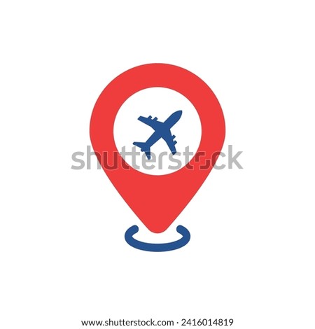 airport place like red pinpoint with plane icon. flat simple trend modern minimal logotype graphic design web element isolated on white. concept of geo position badge or air port locator label