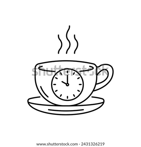 coffee time icon like thin line cup with clock. simple lineart graphic banner design abstract logotype element isolated on white. concept of easy break at work or at home to drink a mug of hot coffe