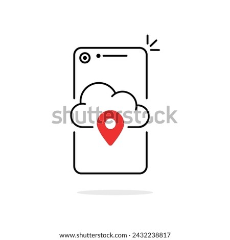thin line cell phone with data server location icon. linear trend modern logotype graphic design web element isolated on white. concept of info or content share badge or global database pictogram