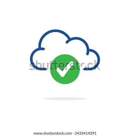 thin line blue cloud icon with green checkmark. concept of data synchronization or connect and mobile app pictogram. flat outline trend modern logotype graphic simple design element isolated on white