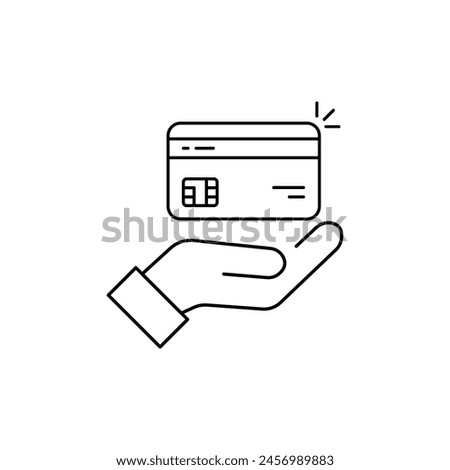 simple hand holding linear credit card. black stroke trend modern lineart membership discount logotype graphic art design isolated on white. concept of virtual marketing symbol and financial sign