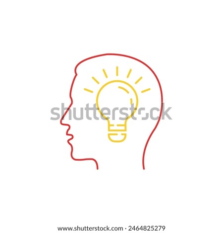 thin line light bulb in human head. concept of brainstorm or thinking emblem and unique idea. linear flat stroke mental prompt like lightbulb logotype art