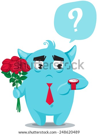 Monster on a date with a bouquet. Vector illustration
