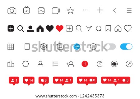 Social media Instagram interface set buttons, icons: home, camera, comment, search, photo camera, heart, like, user story. Vector illustration. EPS 10