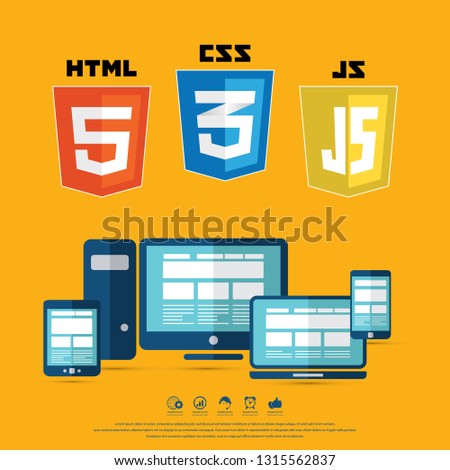 Coding and web technology shields. HTML5, CSS, Javascript. Web site development icons.