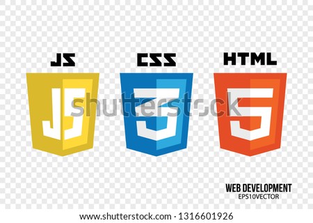 vector collection of web development shield signs: html5, css3 and javascript.