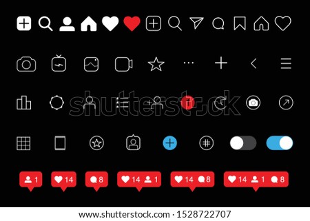 Social media Instagram interface set buttons, icons: home, camera, comment, search, photo camera, heart, like, user story. Dark mode. Vector illustration. EPS 10