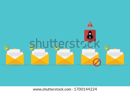 Email / envelope with black document and skull icon. Virus, malware, email fraud, e-mail spam, phishing scam, hacker attack concept. Vector illustration	