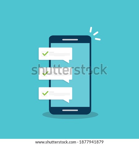 Mobile phone with push notifications or smartphone cellphone sms messages with updated checkmark ticks bubbles vector flat cartoon, idea of digital complete or accepted alerts