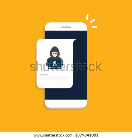 Hacker, malware notification on mobile phone. Smartphone with hacker alert, spam data on cellphone fraud error message, scam, virus. Flat vector illustration.