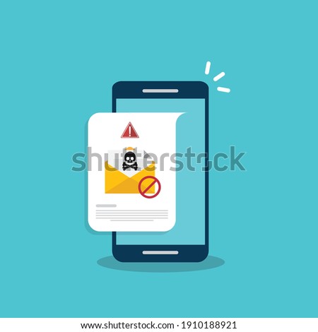 Email, envelope with black document and skull icon notification on a smart phone. Virus, malware, email fraud, e-mail spam, phishing scam, hacker attack concept. Vector illustration