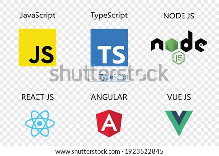 vector collection of web development shield signs : javascript, typescript, react js, angular,vue js and node js.