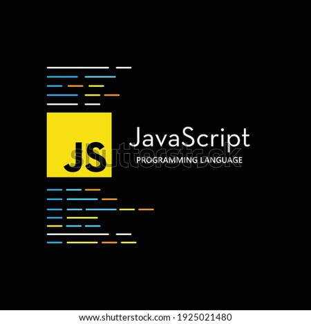 JavaScript emblem on the black background with code lines. Vector illustration.