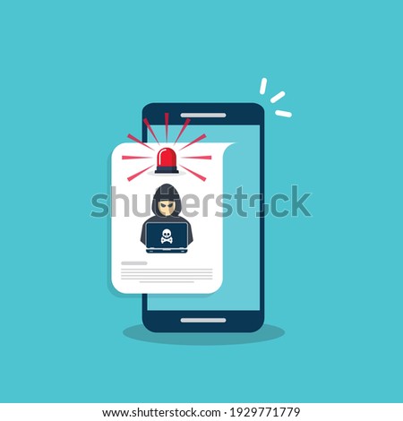 Hacker, malware notification on mobile phone. Smartphone with hacker alert, spam data on cellphone fraud error message, scam, virus. Flat vector illustration.