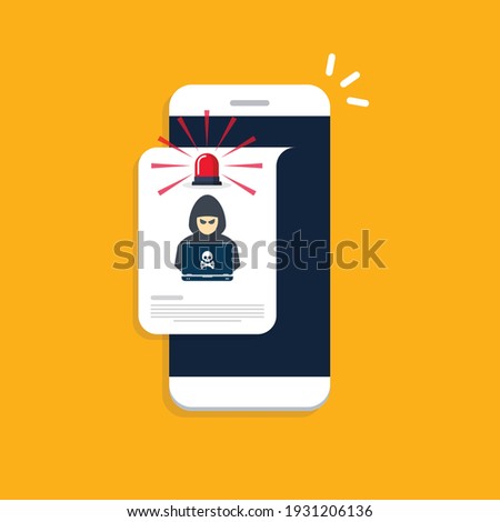 Hacker, malware notification on mobile phone. Smartphone with hacker alert, spam data on cellphone fraud error message, scam, virus. Flat vector illustration.