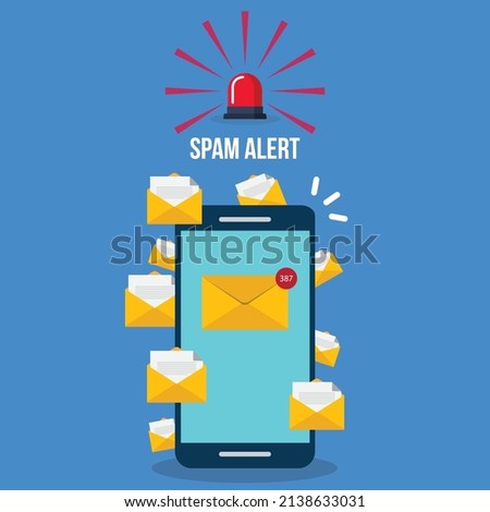 Spam. Spamming concept, a lot of emails on the screen of a smart phone. Email box hacking, spam warning. Vector illustration.
