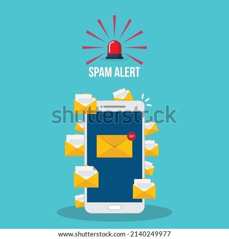 Spam. Spamming concept, a lot of emails on the screen of a smart phone. Email box hacking, spam warning. Vector illustration.