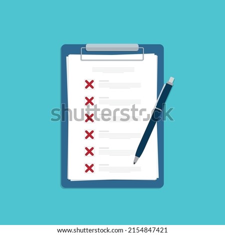 Clipboard with X marks. Failed checklist. Checklist, unfinished tasks, to-do list, survey concept. Flat style vector illustration.