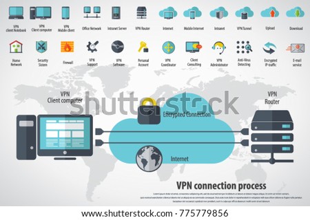 VPN concept - Virtual Private Network background with detailed world map and 24 VPN editable vector icons for video, mobile apps, Web sites and print projects.