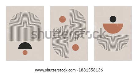 Set of abstract contemporary mid century posters with geometric shapes. Design for wallpaper, background, wall decor, cover, print, card, branding. Modern boho minimalist art. Vector illustration.
