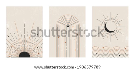 Set of vector abstract boho posters. Minimalist design for background, cover, wallpaper, print, card, wall decor, social media, stories, branding. Landscapes, sun, moon, sea, lines, balance shapes.