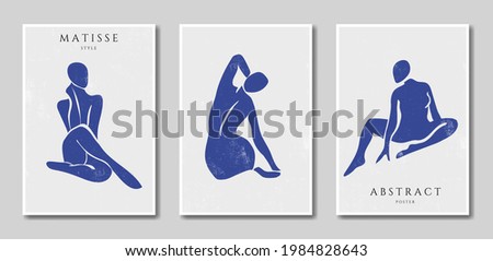 Set of abstract trendy creative artistic posters. Female body, texture. Matisse style. Pastel colors. Design for wallpaper, wall decor, print, cardbackground, social media, cover. Vector illustration.