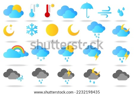 Vector cartoon set of weather forecast icons. The concept of weather and weather forecast. Symbols of the sun, clouds, rain, rainbows, etc.