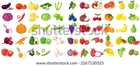 A large mega set of vegetables and fruits in a juicy cartoon style. The concept of healthy food and products. A bright element for your design. Tomato, cucumber, apple, plum, passion fruit, coconut