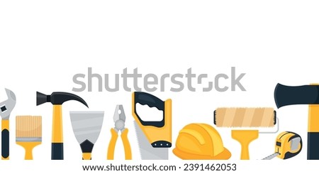 Vector banner of repair tools in cartoon style. Concept of construction and housework. A team of custom builders. Elements for your design. Saw, hammer, etc.