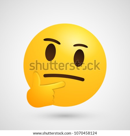 	
Thinking face emoji in modern style - emoticon face shown with a single finger and thumb resting on the chin glancing upward on white background. Vector illustration - eps10 stock image