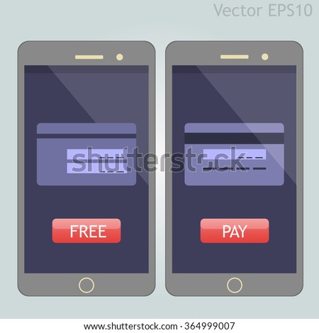 Two vector phones with buttons and creditcard