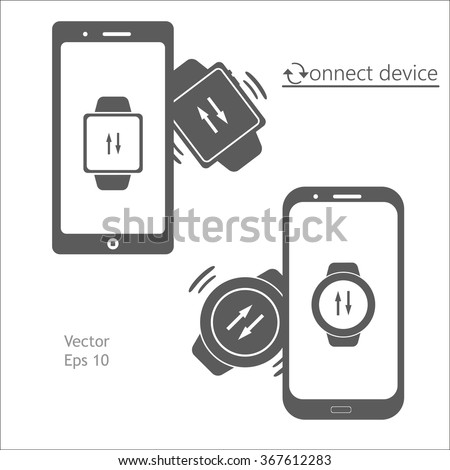 Synchronizing of devices. Smart watch synchronizing with smart phone. Vector illustration