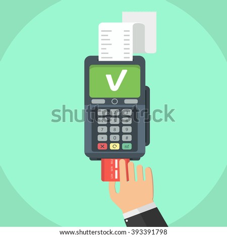 Hand pushing credit card from the pos terminal. Flat style. Vector illustration.