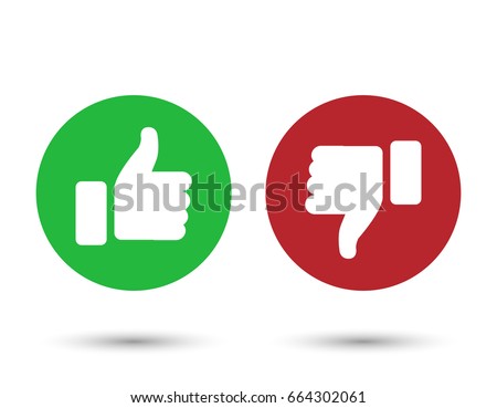 Illustration of red and green thumbs up and down buttons; isolated on white background.