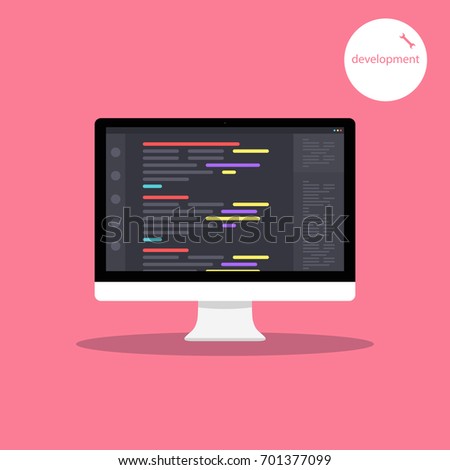 Web Development concept with digital device on pink background. Laptop, computer for work. Program for design or programming. Sign 