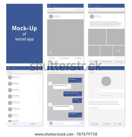 Set of social network photo, post frames and other pages vector illustration. Inspired by Facebook and other social resources. Mock up Vector illustration Modern design of news. Vector illustration