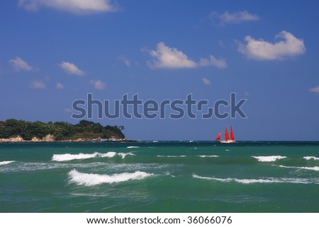 Ship with scarlet sails going towards the shore.