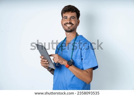 Similar – Image, Stock Photo young veterinarian man reading documents about illness of a cute small dog.on white background. Indoors