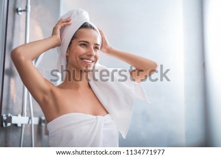 Similar – Image, Stock Photo Pleased woman in turban resting in hammock on terrace