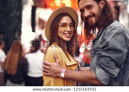 Similar – Image, Stock Photo Hipster couple in love standing in field