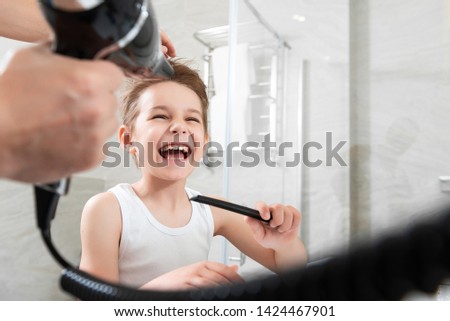 Similar – Image, Stock Photo Father making haircut for son at home