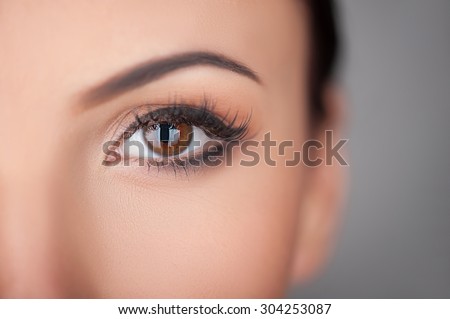 Close up of female eye. The lady is looking at the camera with desire. Isolated and copy space in right side