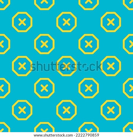 Seamless repeating x octagon flat icon pattern, dark turquoise and banana yellow color. Design for wrapping paper or postcard.