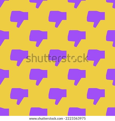 Seamless repeating thumbs down sharp flat icon pattern, sandstorm and lavender indigo color. Background for slogan.
