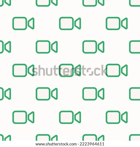 Seamless repeating videocam outline flat icon pattern, white smoke and medium sea green color. Design for notes.