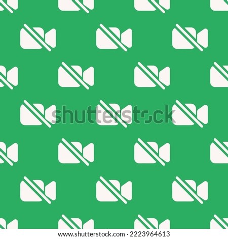 Seamless repeating videocam off flat icon pattern, medium sea green and white smoke color. Background for logo design.